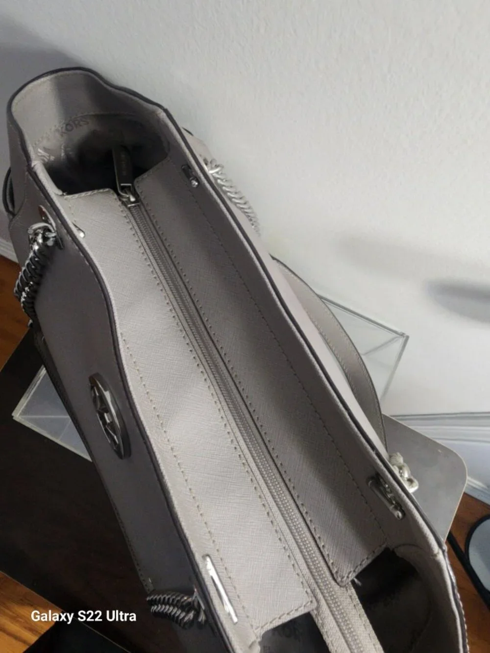 Michael Kors Gray Saffiano Leather Tote Bag With Chain/Leather Strap & Logo Acce